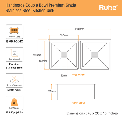 Handmade Double Bowl Kitchen Sink (45 x 20 x 10 Inches) (Dimensions)