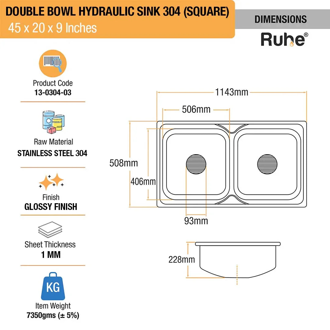 Double Bowl Kitchen Sink (45 x 20 x 9 Inches)(Dimension)