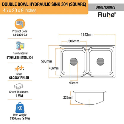 Double Bowl Kitchen Sink (45 x 20 x 9 Inches)(Dimension)