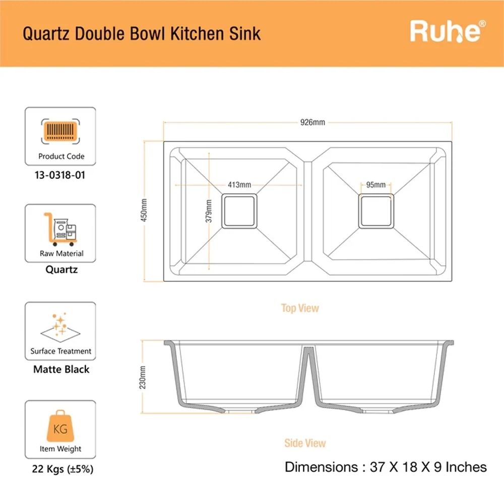 Quartz Double Bowl Black Kitchen Sink (37 x 18 x 9 Inches)