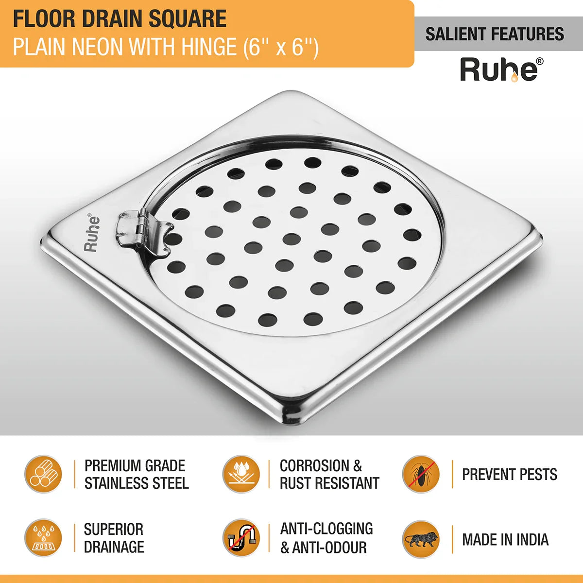 Plain Neon Square Floor Drain (6 x 6 inches) with Hinged Grating Top features
