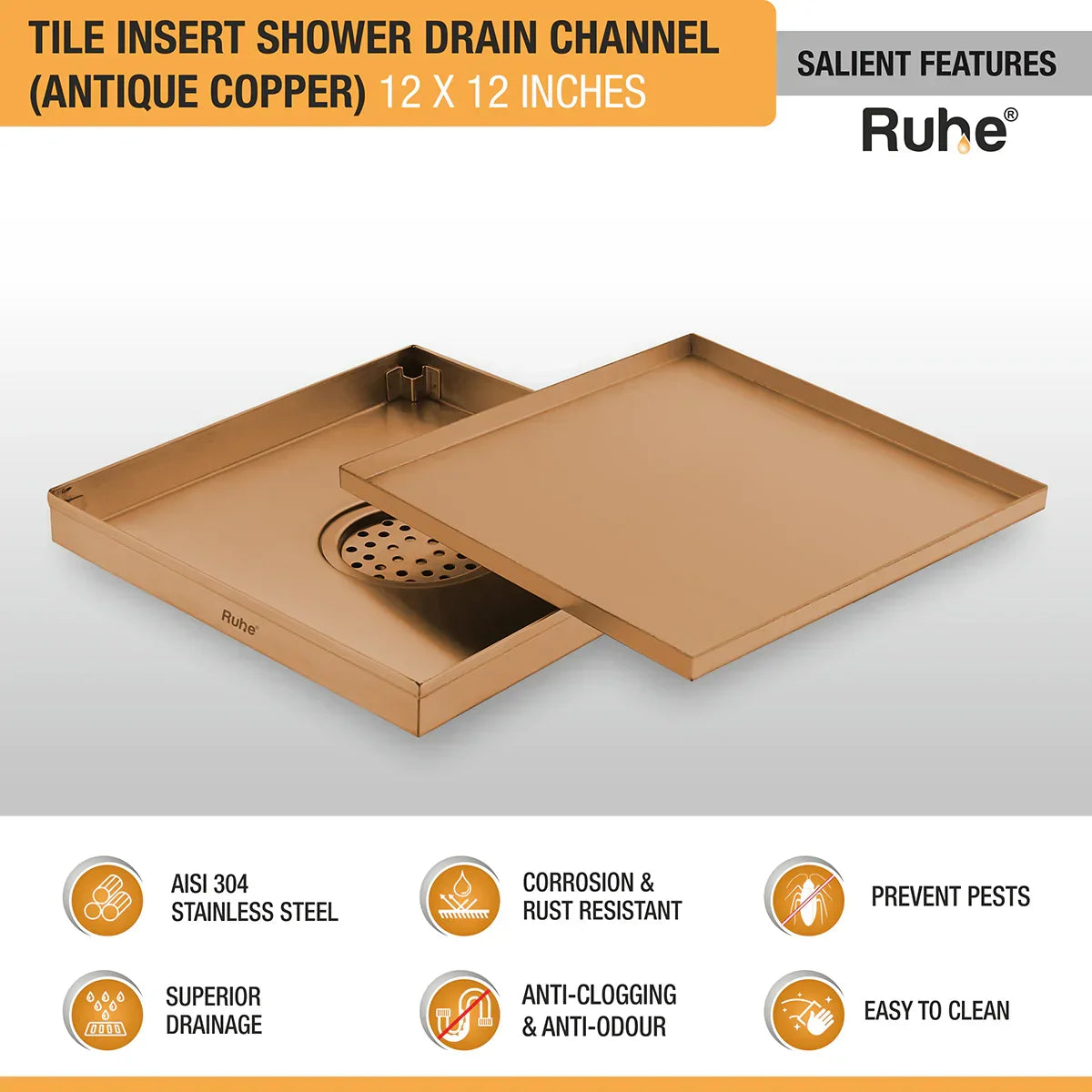 Tile-Insert Shower Drain Channel (12 x 12 Inches)