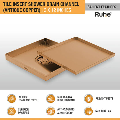 Tile-Insert Shower Drain Channel (12 x 12 Inches)