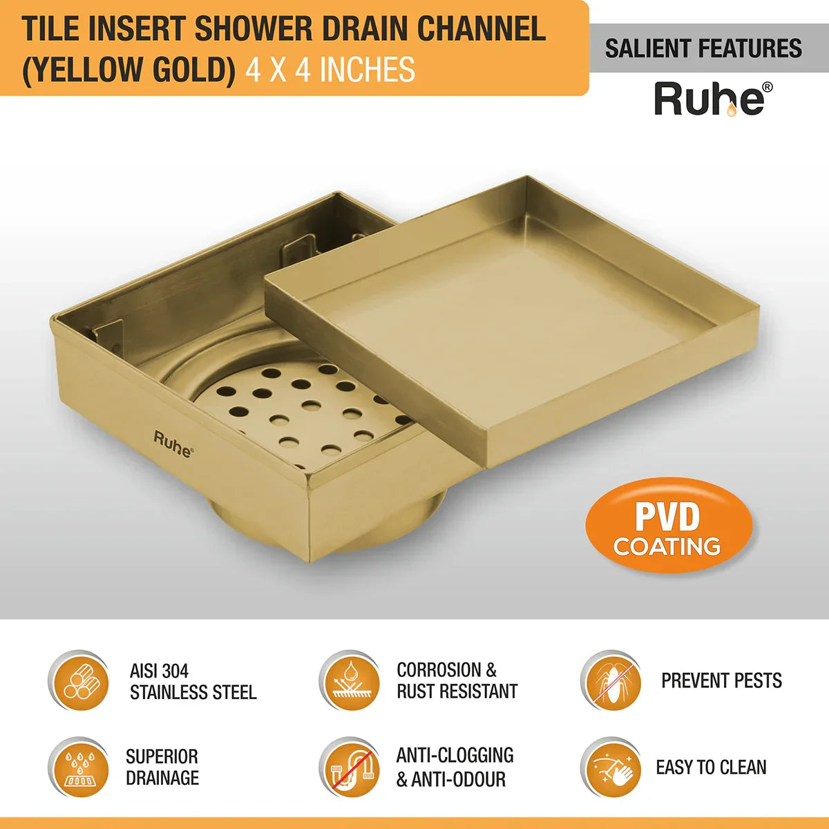 Tile-Insert Shower Drain Channel (4 x 4 Inches)