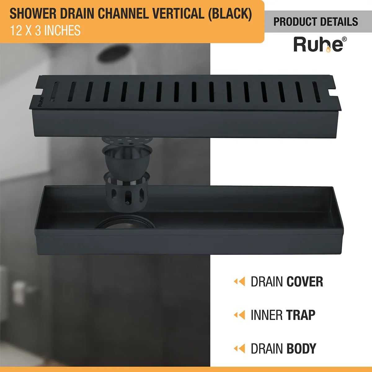 Vertical Shower Drain Channel (12 x 3 Inches) Black PVD Coated with drain cover, inner insect trap, drain body