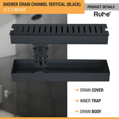 Vertical Shower Drain Channel (12 x 3 Inches) Black PVD Coated with drain cover, inner insect trap, drain body