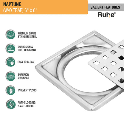 Naptune Square Floor Drain (6 x 6 Inches) - by Ruhe