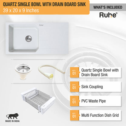 Quartz Single Bowl with Drainboard Kitchen Sink (39 x 20 x 9 Inches)