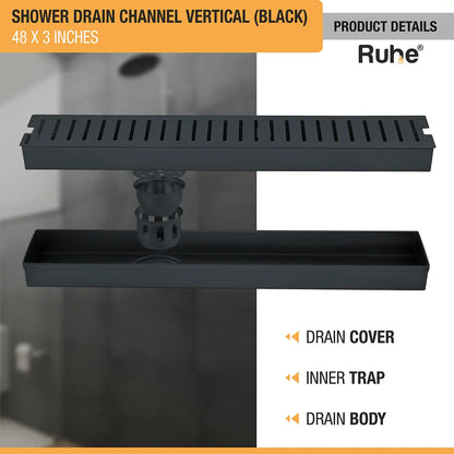 Vertical Shower Drain Channel (48 x 3 Inches) Black PVD Coated with drain cover, inner insect trap, drain body