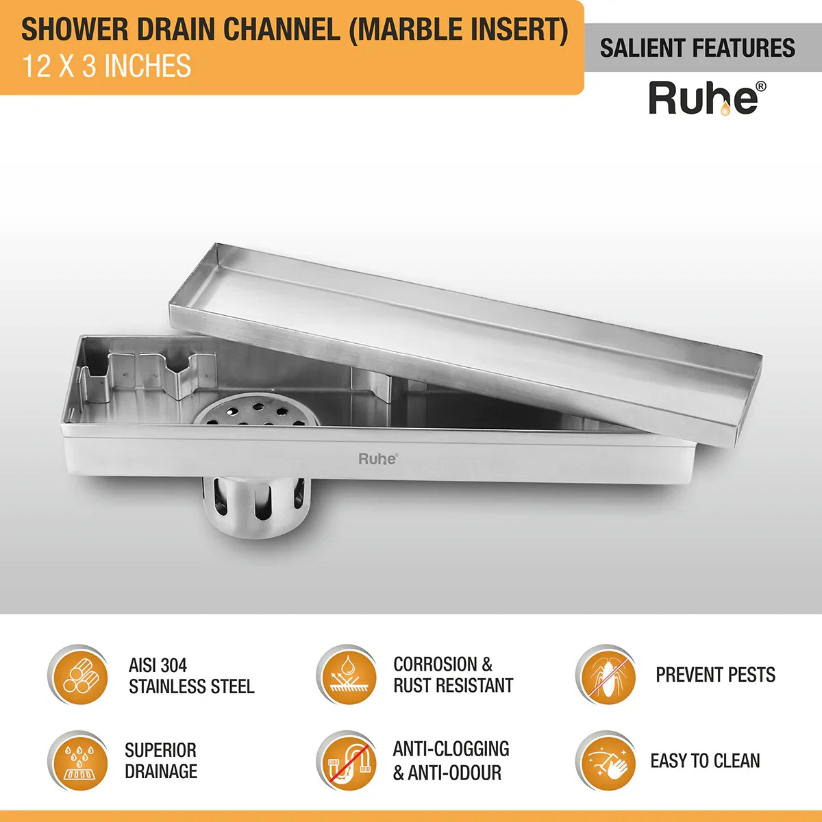 Marble Insert Shower Drain Channel (12 x 3 Inches) with Cockroach Trap (304 Grade) features