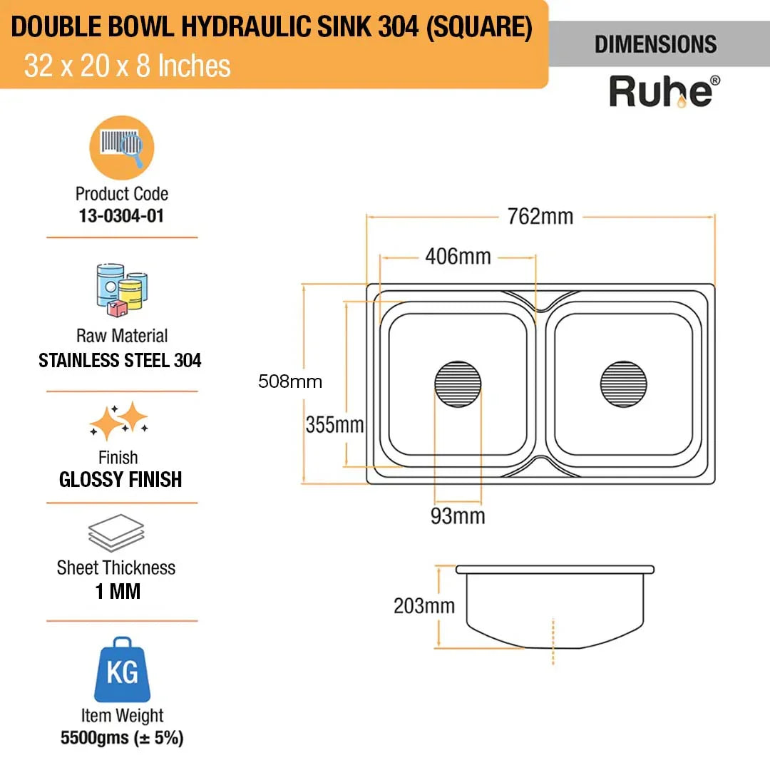 Double Bowl Kitchen Sink (32 x 20 x 8 Inches)(Dimensions)