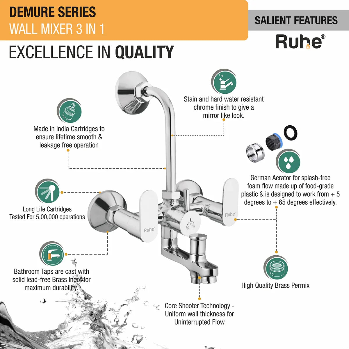 Demure 3-in-1 Wall Mixer Tap