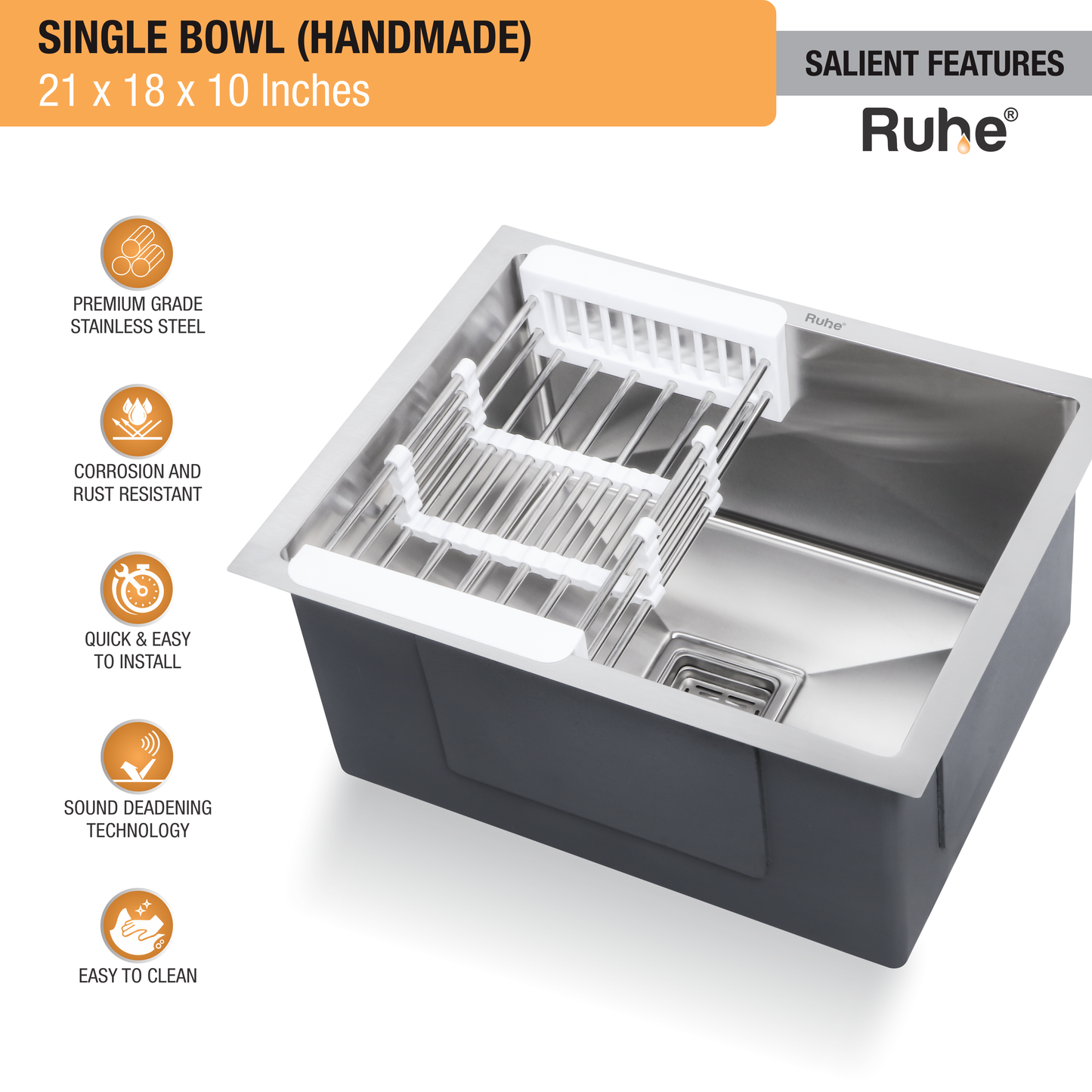 Handmade Single Bowl Kitchen Sink (21 x 18 x 10 Inches) (Features)