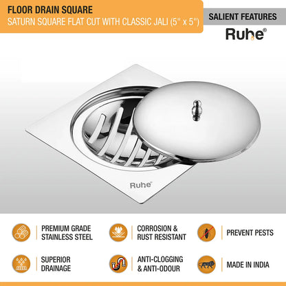 Saturn Classic Jali Square Flat Cut Floor Drain (5 x 5 Inches) with Lid features
