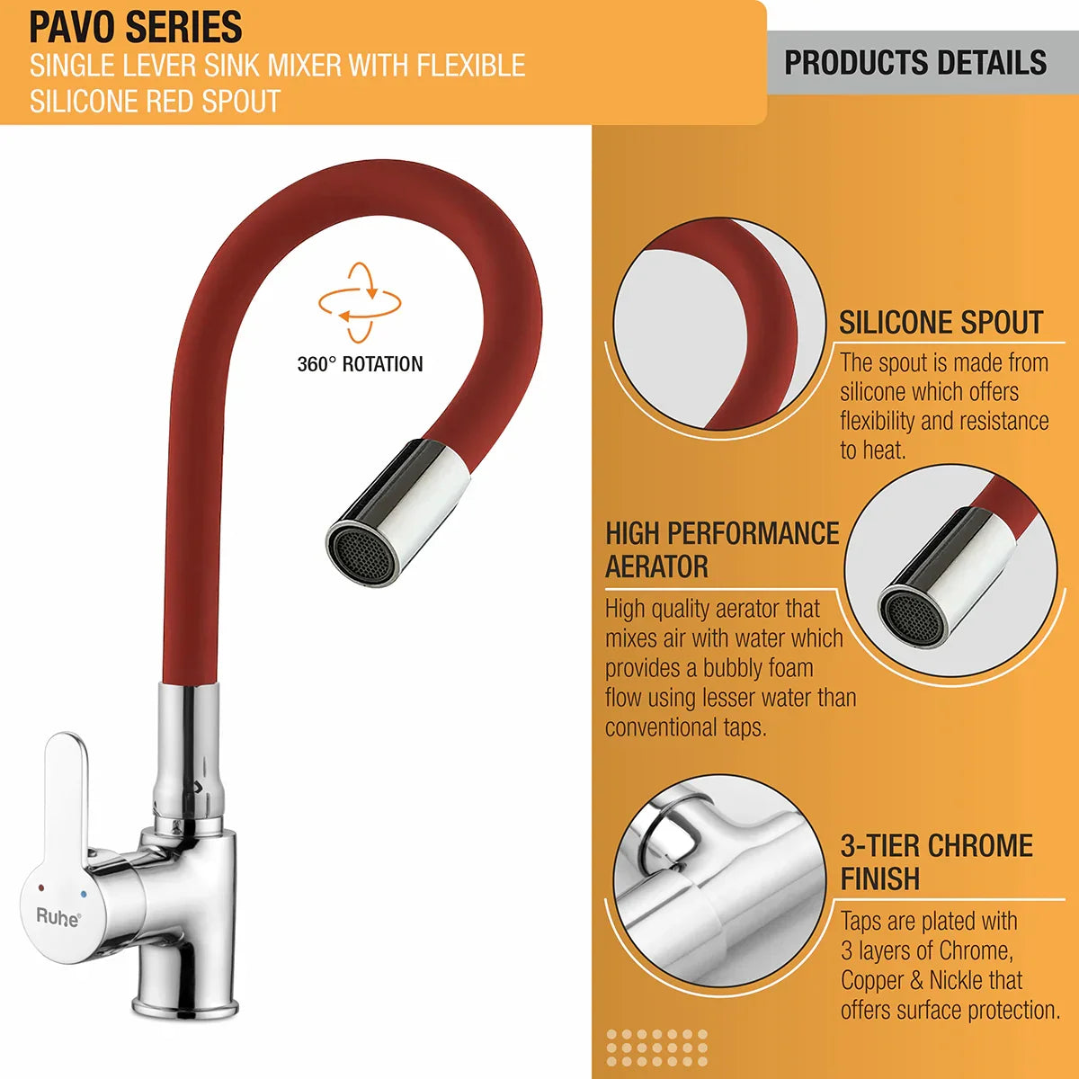 Pavo Single Lever Sink Mixer Faucet with Silicone Red Flexible Spout product details