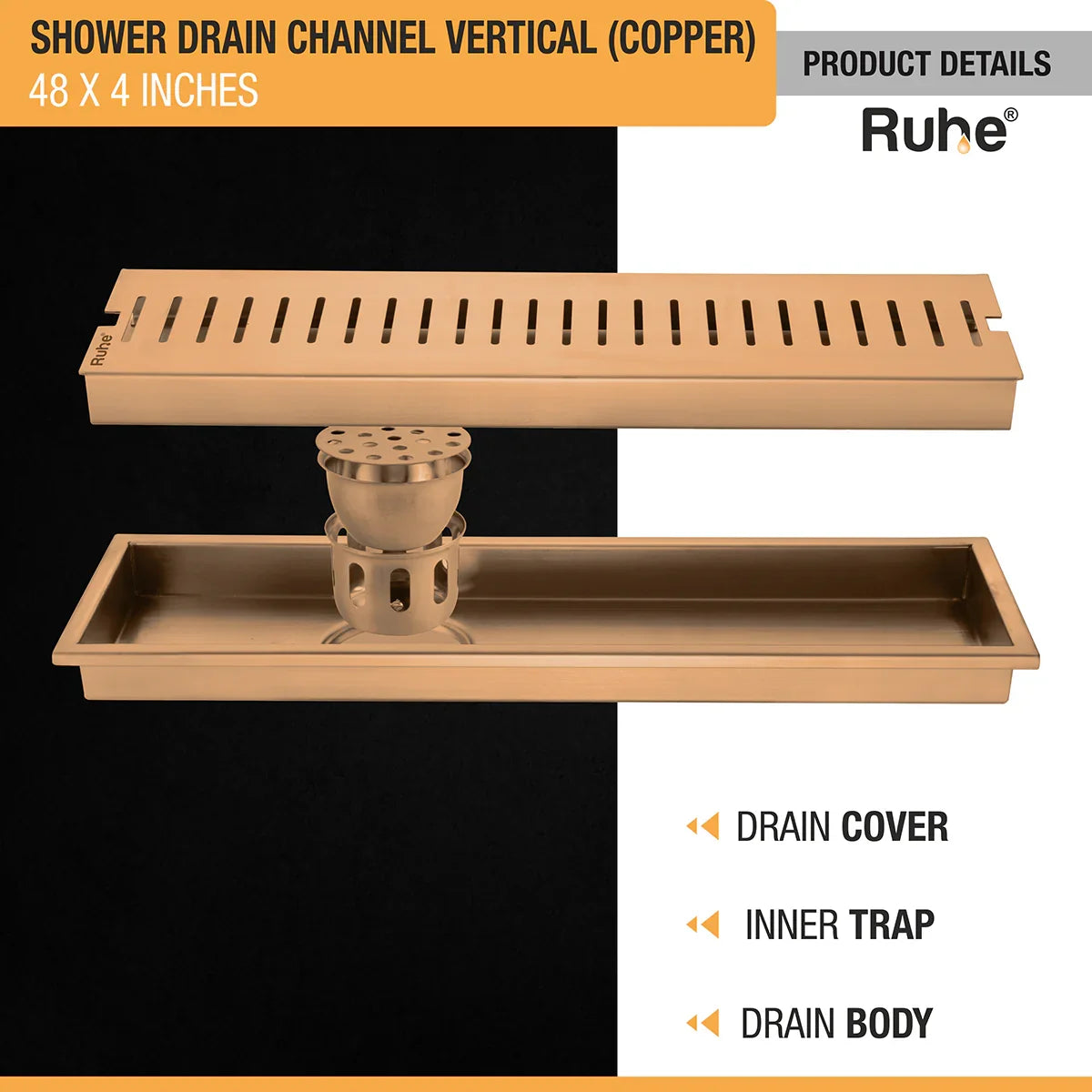Vertical Shower Drain Channel (48 x 4 Inches) Antique Copper PVD Coated - by Ruhe