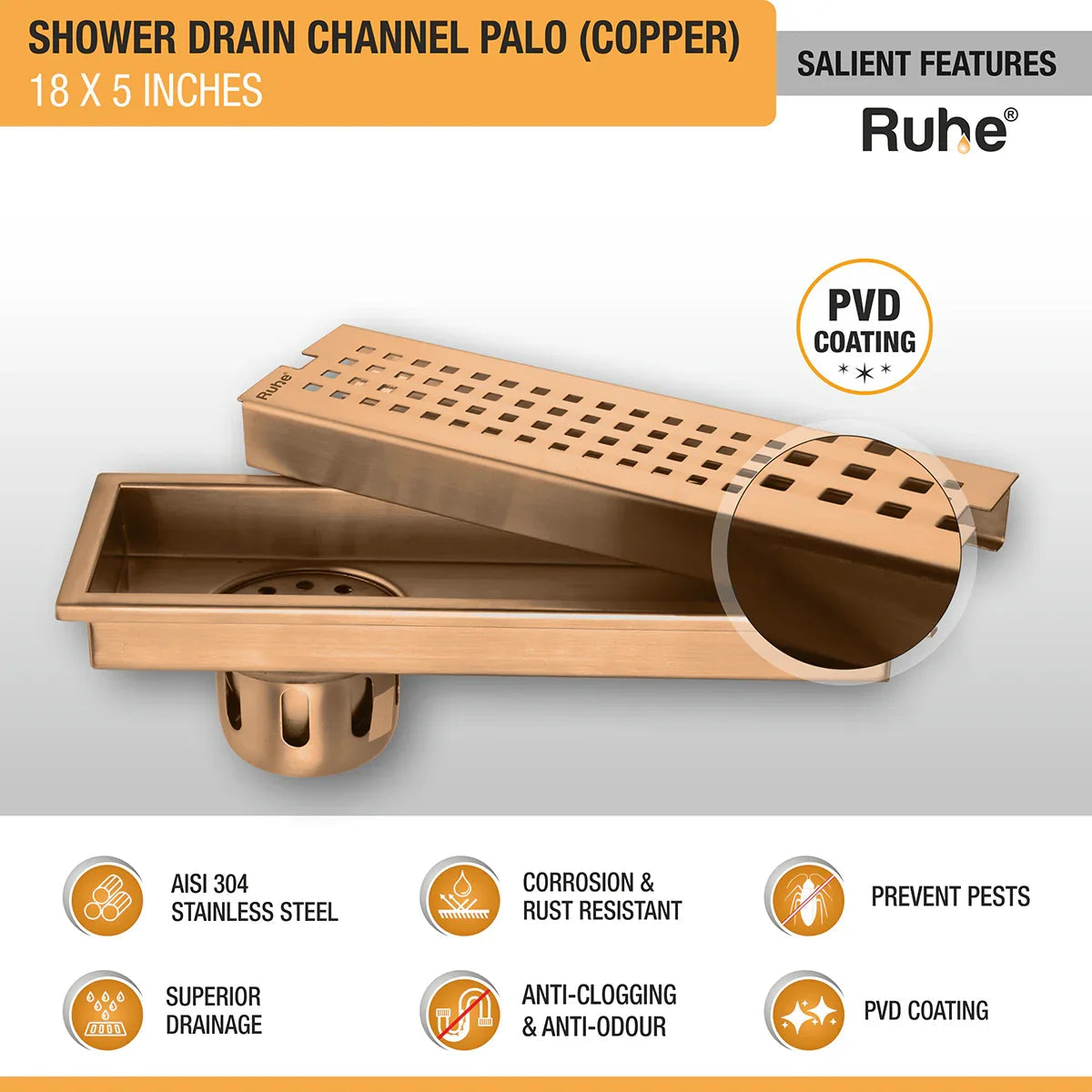 Palo Shower Drain Channel (18 x 5 Inches) Antique Copper PVD Coated - by Ruhe