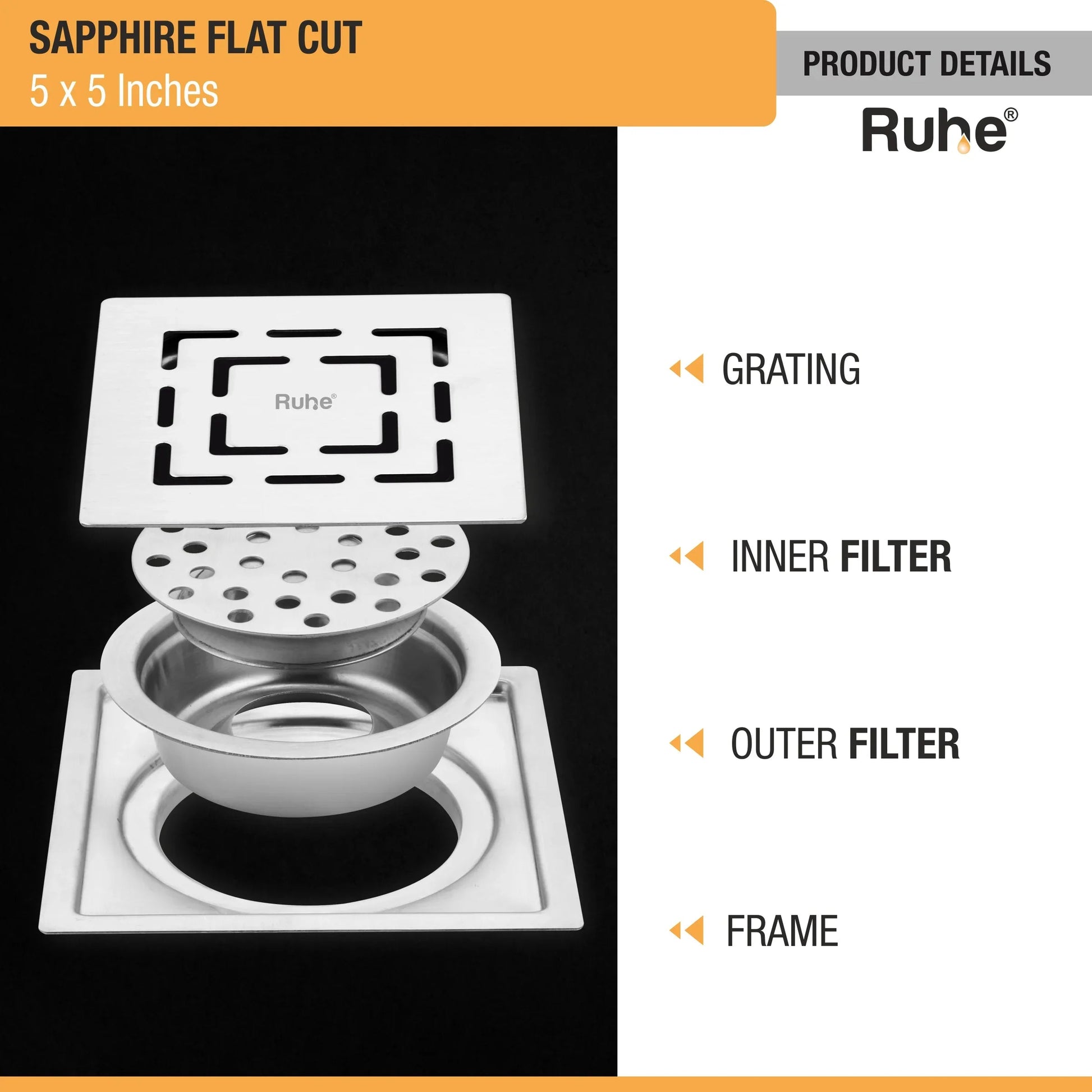 Sapphire Floor Drain Square Flat Cut (5 x 5 Inches) with Cockroach Trap (304 Grade) product details