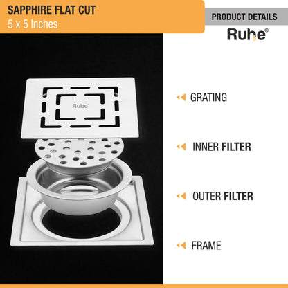 Sapphire Floor Drain Square Flat Cut (5 x 5 Inches) with Cockroach Trap (304 Grade) product details
