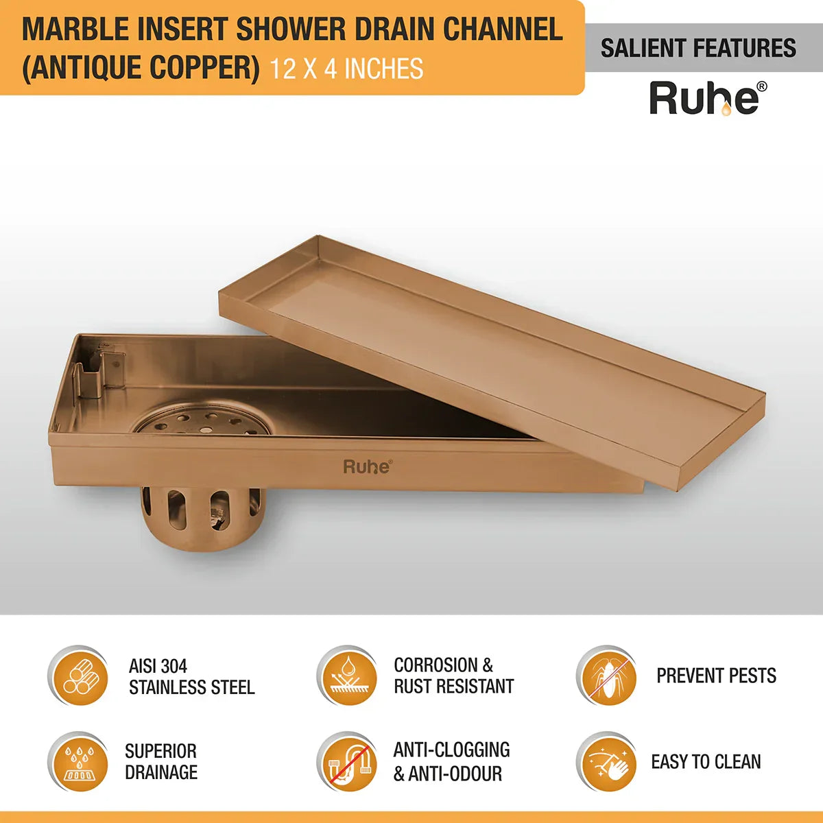 Marble-Insert Shower Drain Channel (4 Inches)