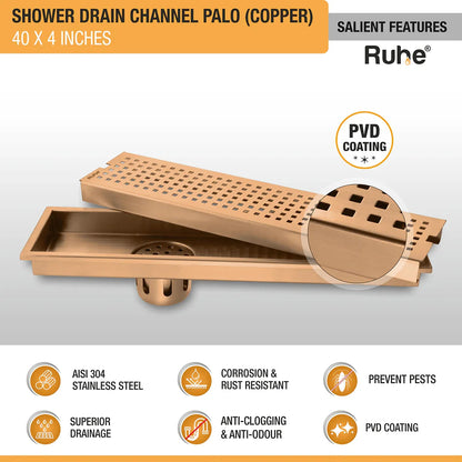 Palo Shower Drain Channel (40 x 4 Inches) Antique Copper PVD Coated - by Ruhe