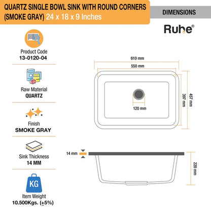 Quartz Single Bowl Round Kitchen Sink (24 x 18 x 9 Inches)