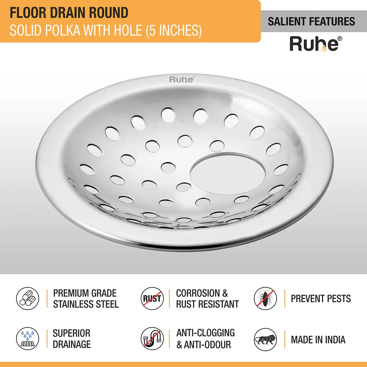 Solid Polka Round with Collar Floor Drain (5 Inches) with Hole (Pack of 2) - by Ruhe