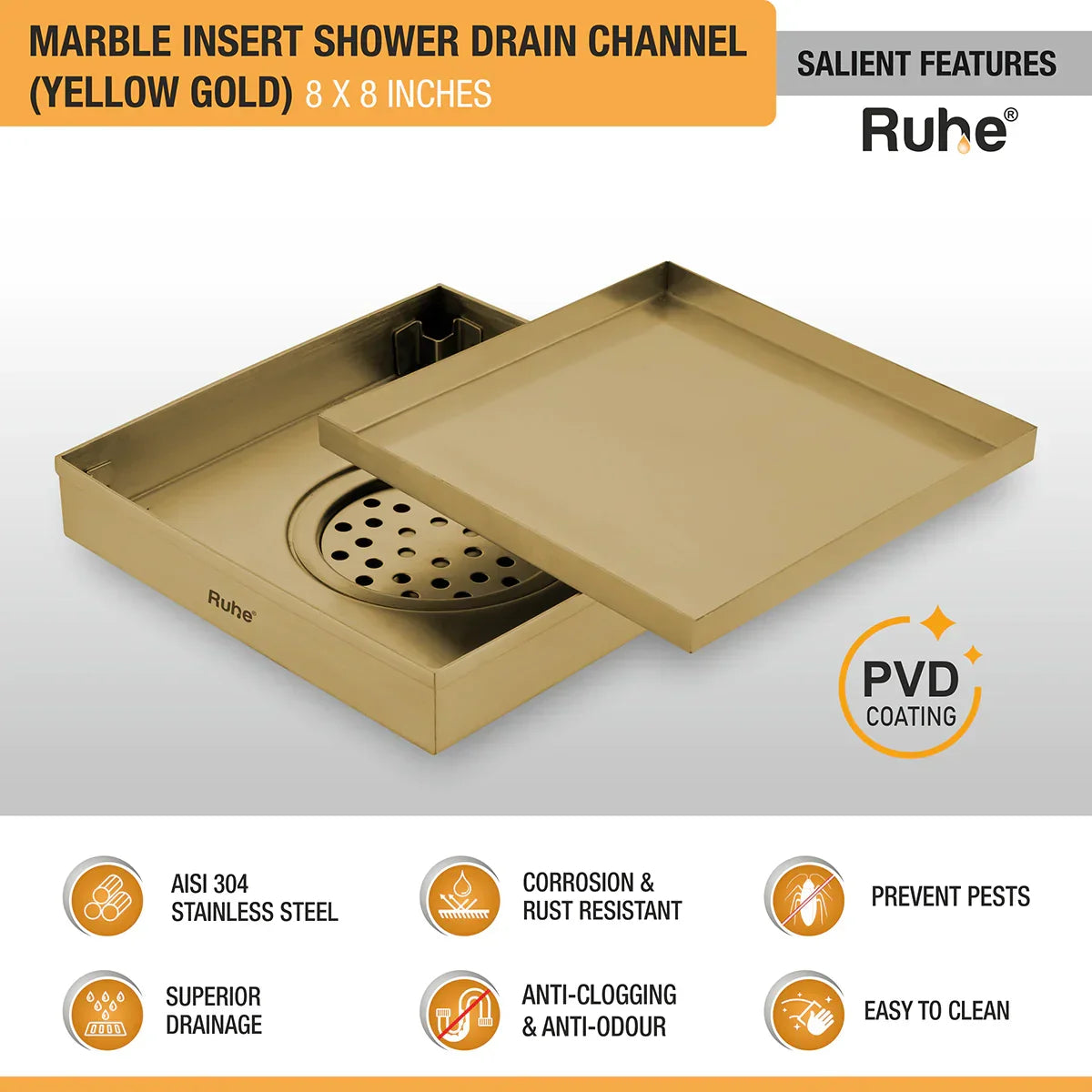 Marble-Insert Shower Drain Channel (8 x 8 Inches)