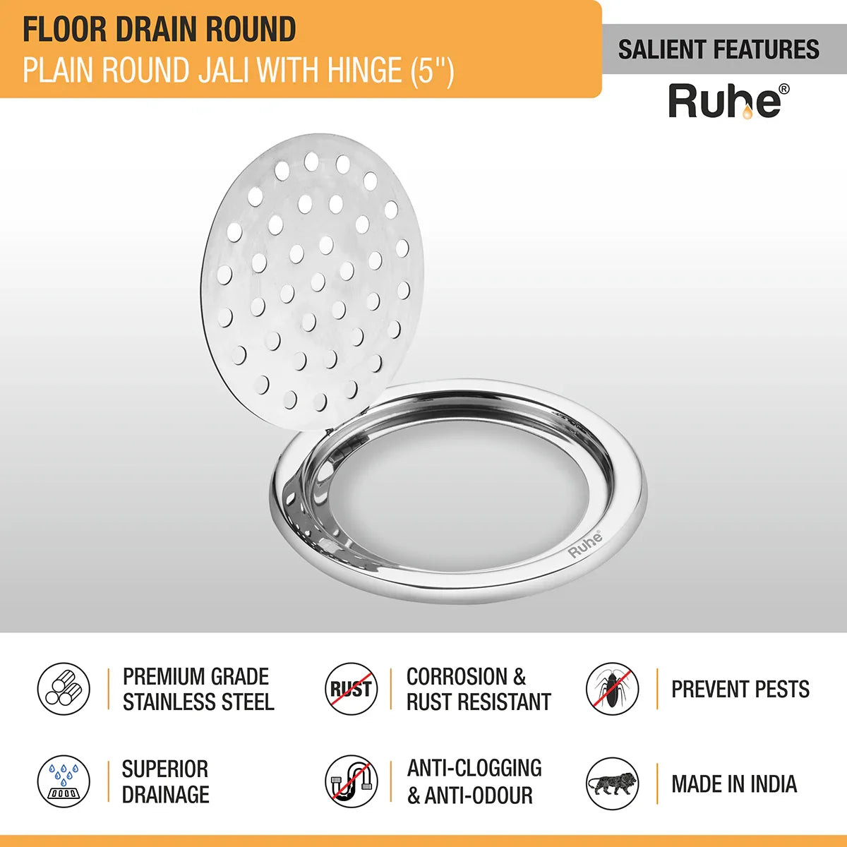 Plain Round Jali Floor Drain (5 Inches) with Hinged Grating Top (Pack of 2) - by Ruhe