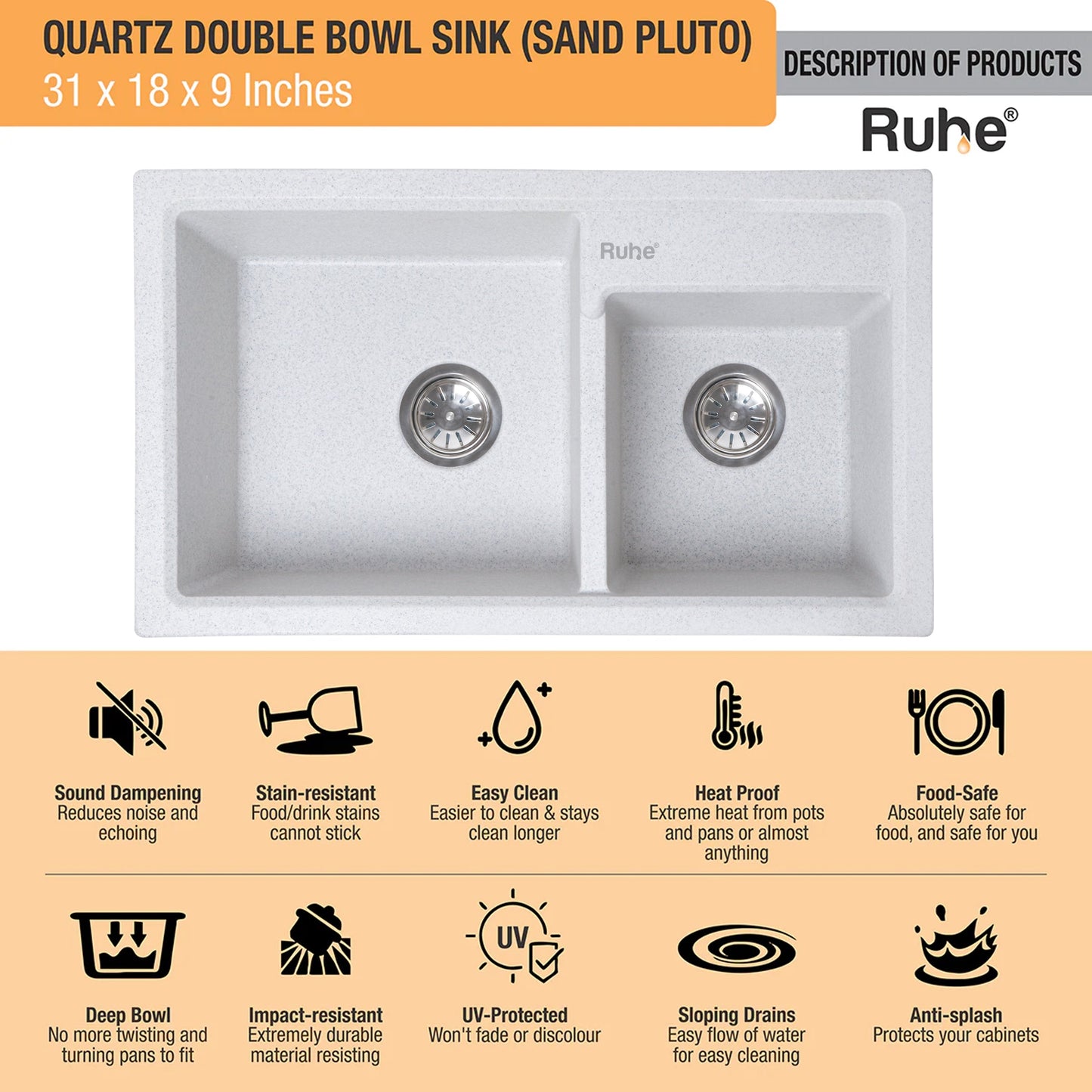 Quartz Double Bowl Kitchen Sink (31 x 18 x 9 Inches)