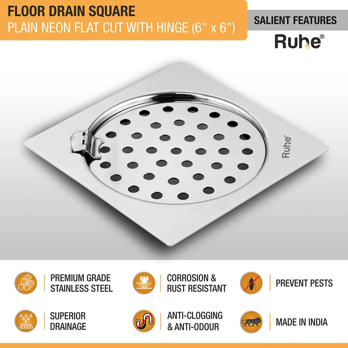 Plain Neon Square Flat Cut Floor Drain (6 x 6 inches) with Hinged Grating Top features