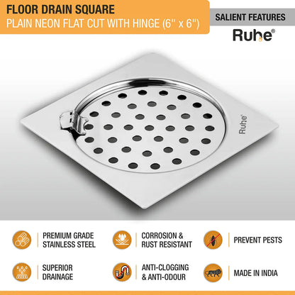 Plain Neon Square Flat Cut Floor Drain (6 x 6 inches) with Hinged Grating Top features