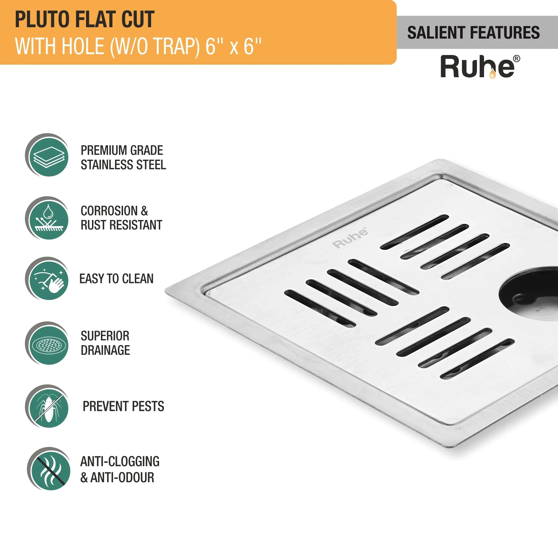 Pluto Square Premium Flat Cut Floor Drain (6 x 6 Inches) with Hole features