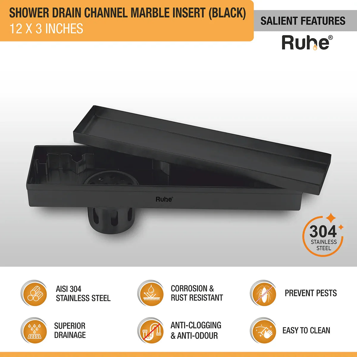 Marble-Insert Shower Drain Channel (3 Inches)