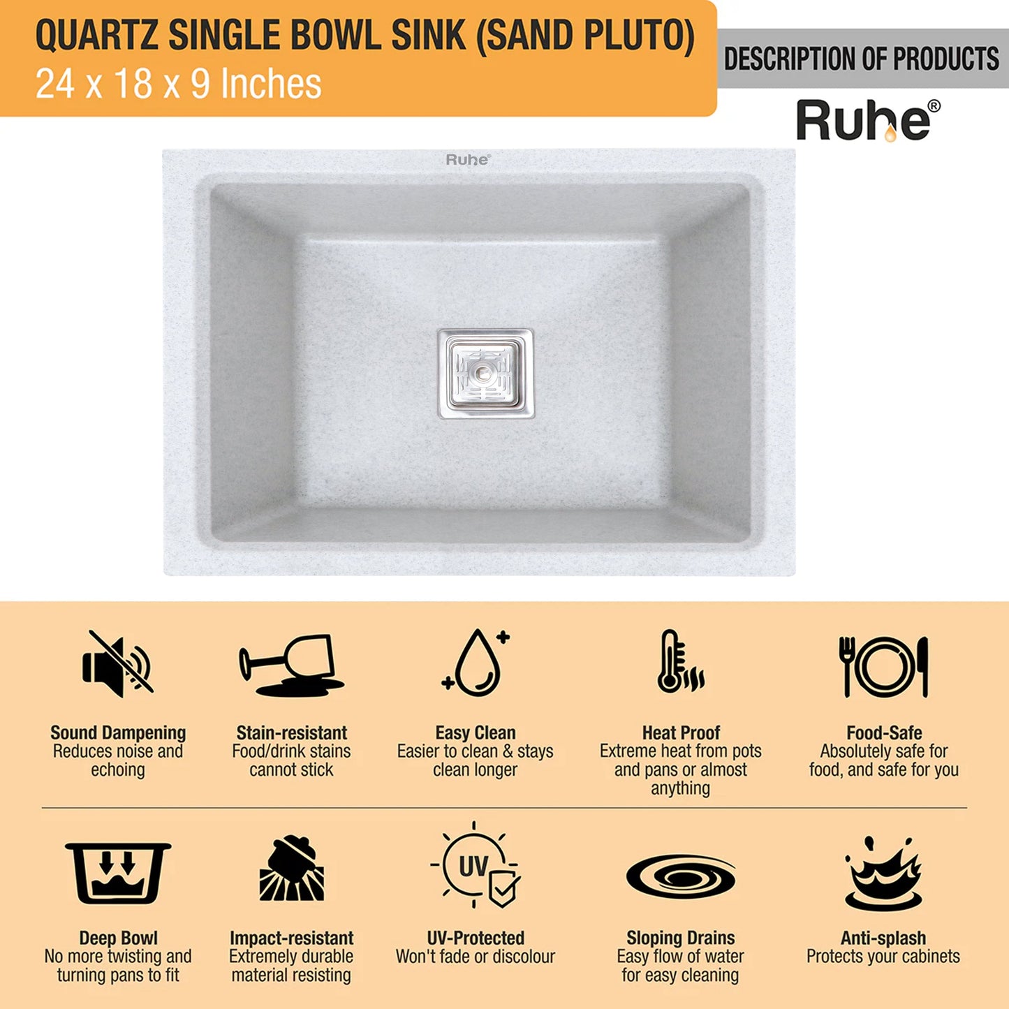 Quartz Single Bowl Kitchen Sink (24 x 18 x 9 Inches)
