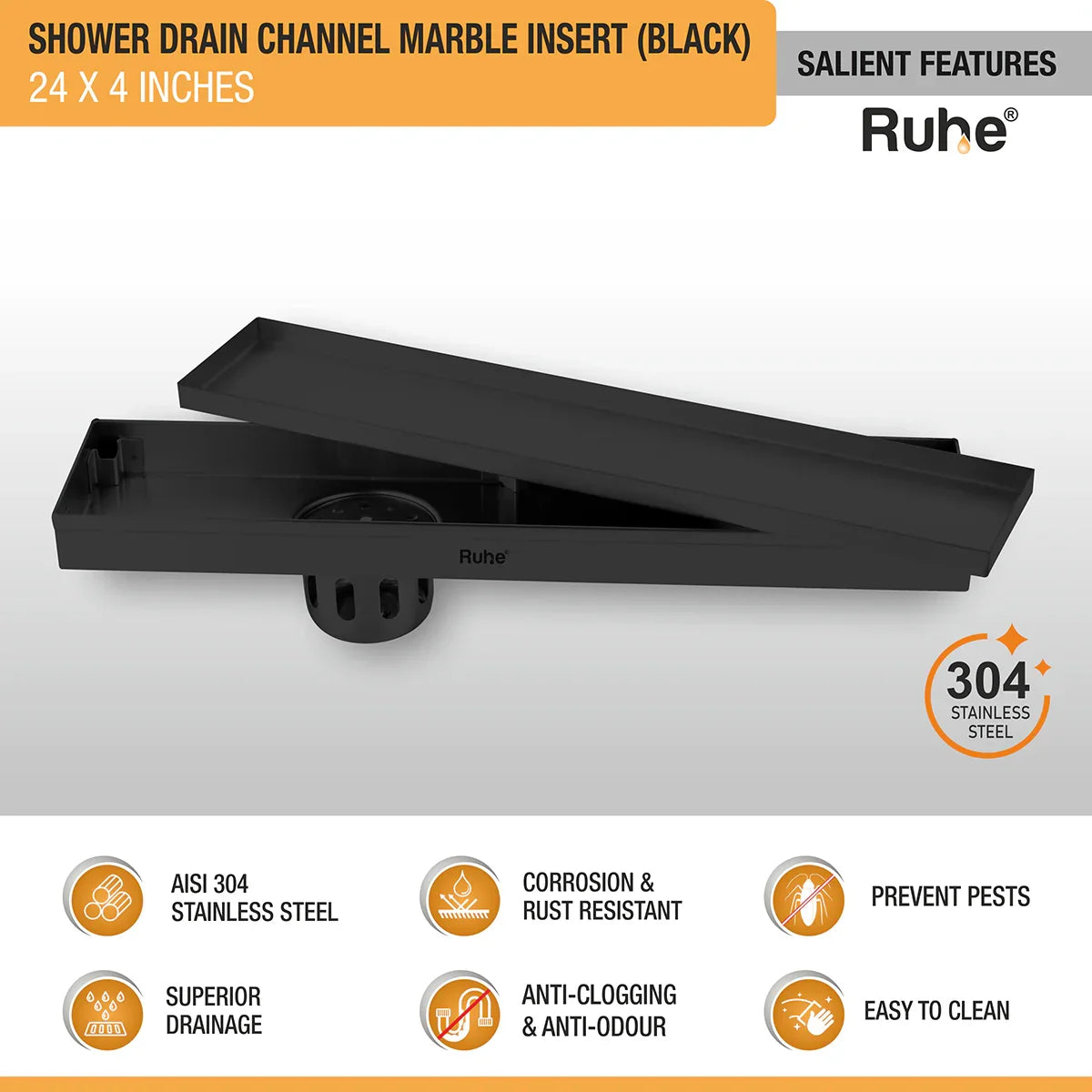 Marble-Insert Shower Drain Channel (4 Inches)