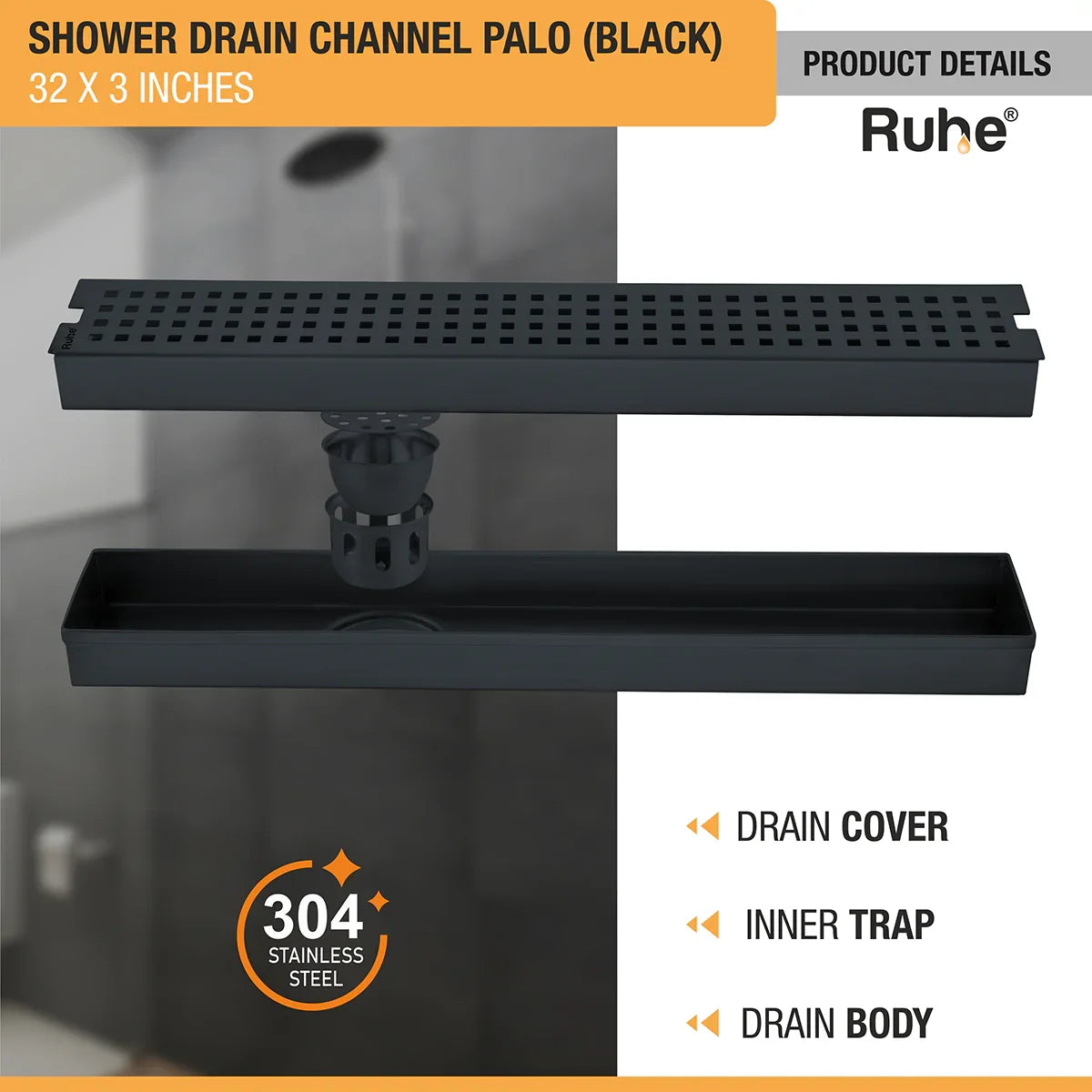 Palo Shower Drain Channel (32 x 3 Inches) Black PVD Coated with drain cover, inner trap, drain body