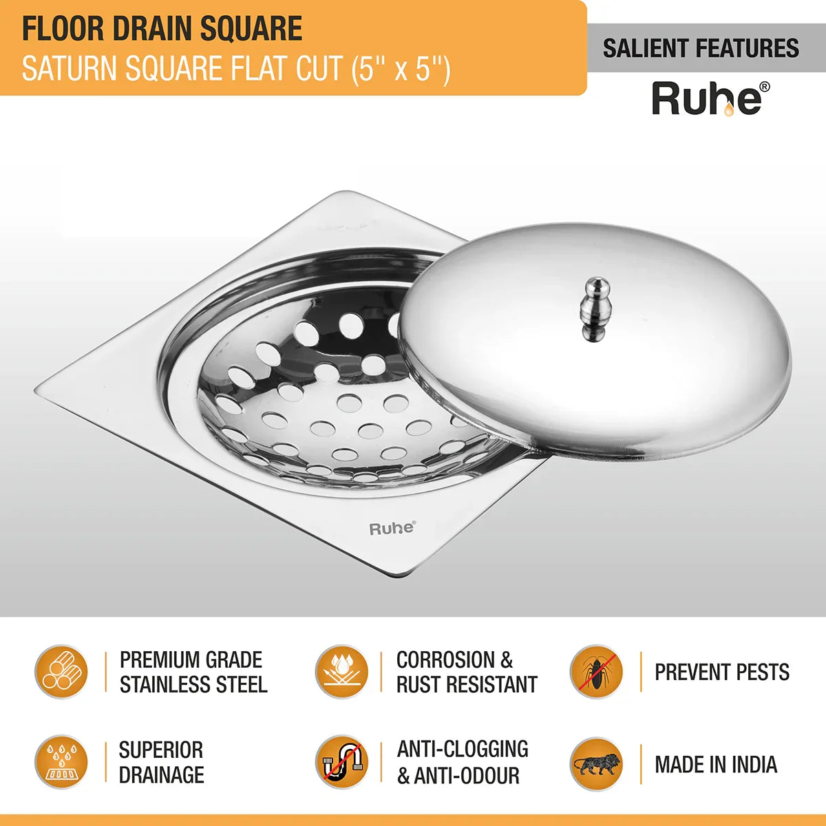 Saturn Square Flat Cut Floor Drain (5 x 5 Inches) with Lid features