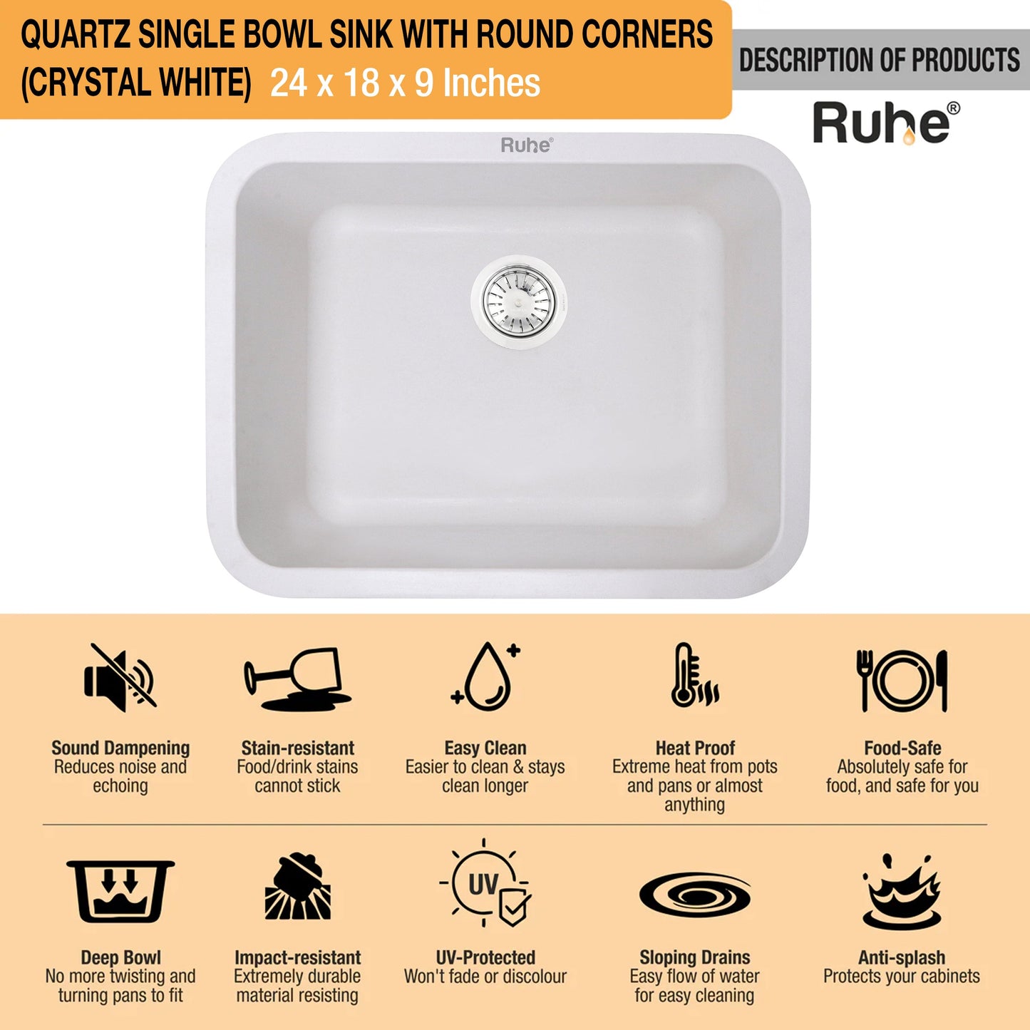Quartz Single Bowl Round Kitchen Sink (24 x 18 x 9 Inches)