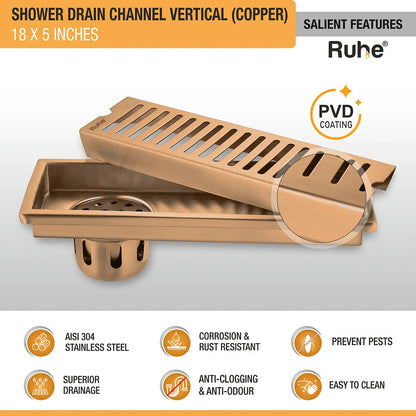 Vertical Shower Drain Channel (18 x 5 Inches) Antique Copper PVD Coated - by Ruhe