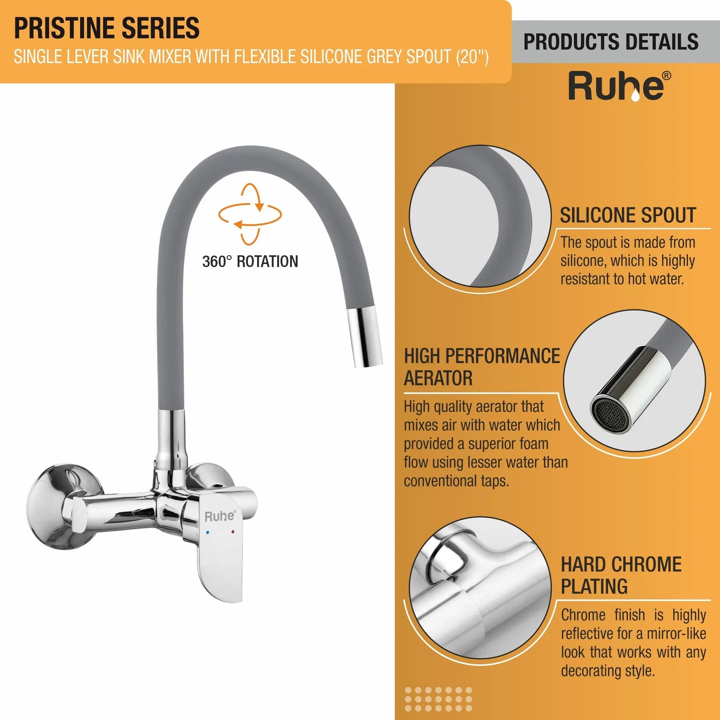 Pristine Single Lever Wall-mount Kitchen Sink Mixer Tap with Coloured Silicone Spout