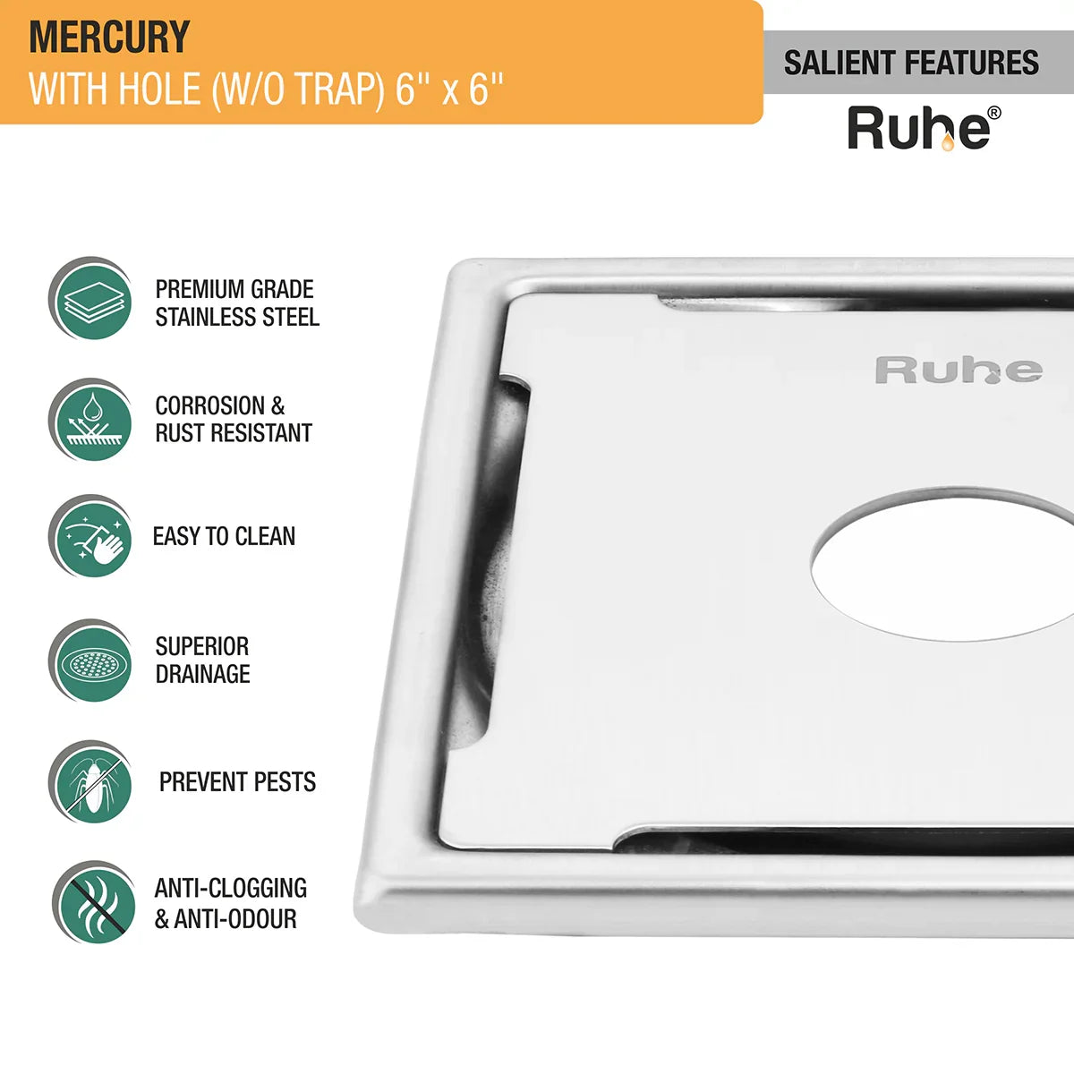 Mercury Square Premium Floor Drain (6 x 6 Inches) with Hole - by Ruhe