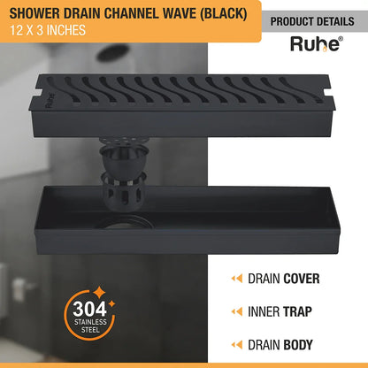 Wave Shower Drain Channel (12 x 3 Inches) Black PVD Coated with drain cover, inner insect trap, drain body