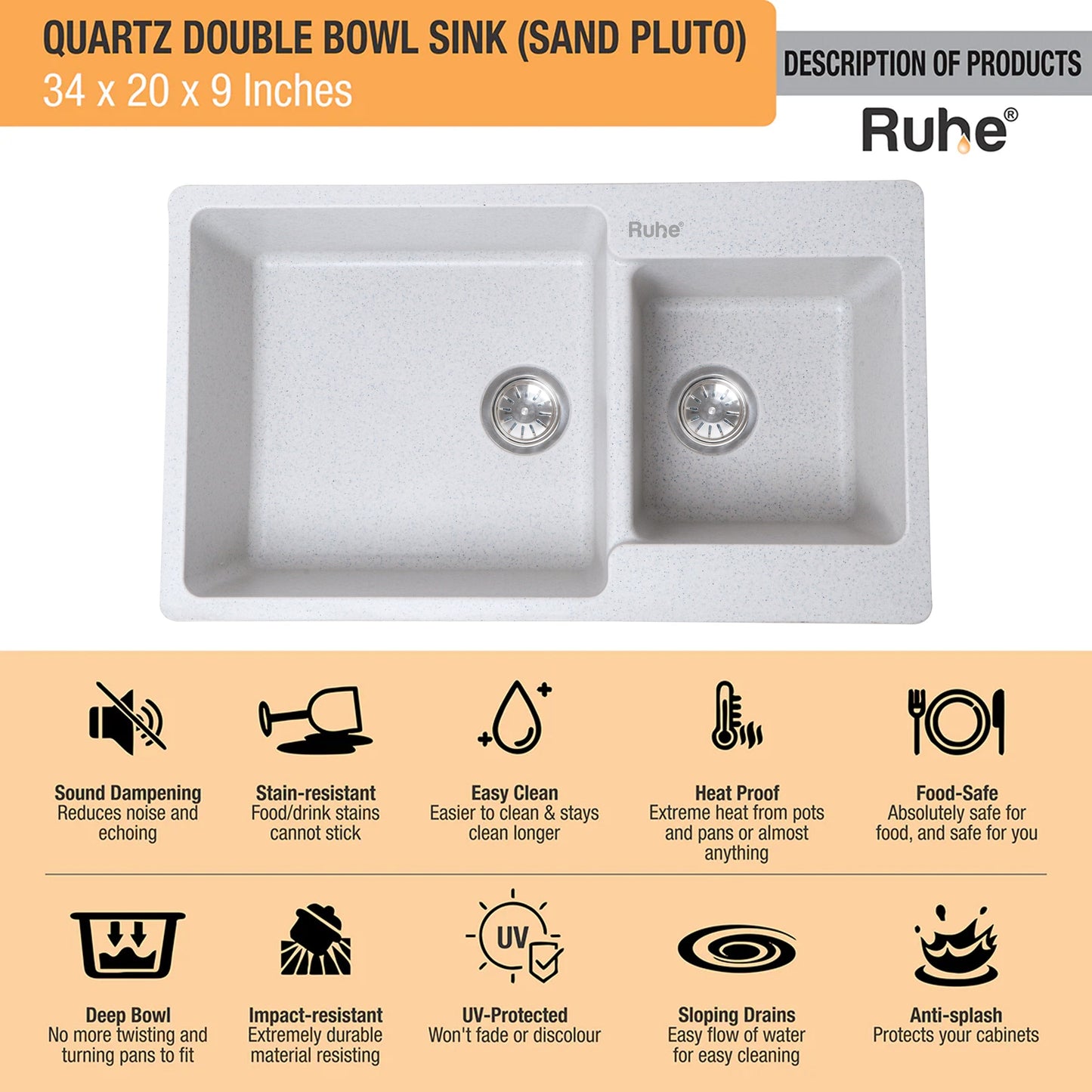 Quartz Double Bowl Kitchen Sink (34 x 20 x 9 inches)