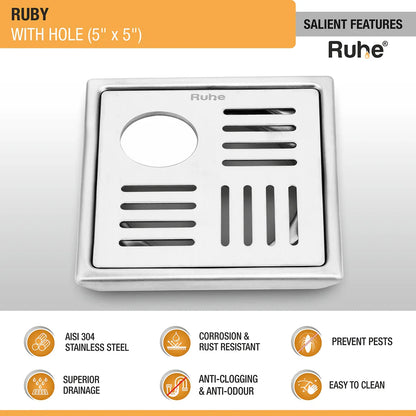 Ruby Square 304 Grade Floor Drain with Hole (5 x 5 Inches) - by Ruhe