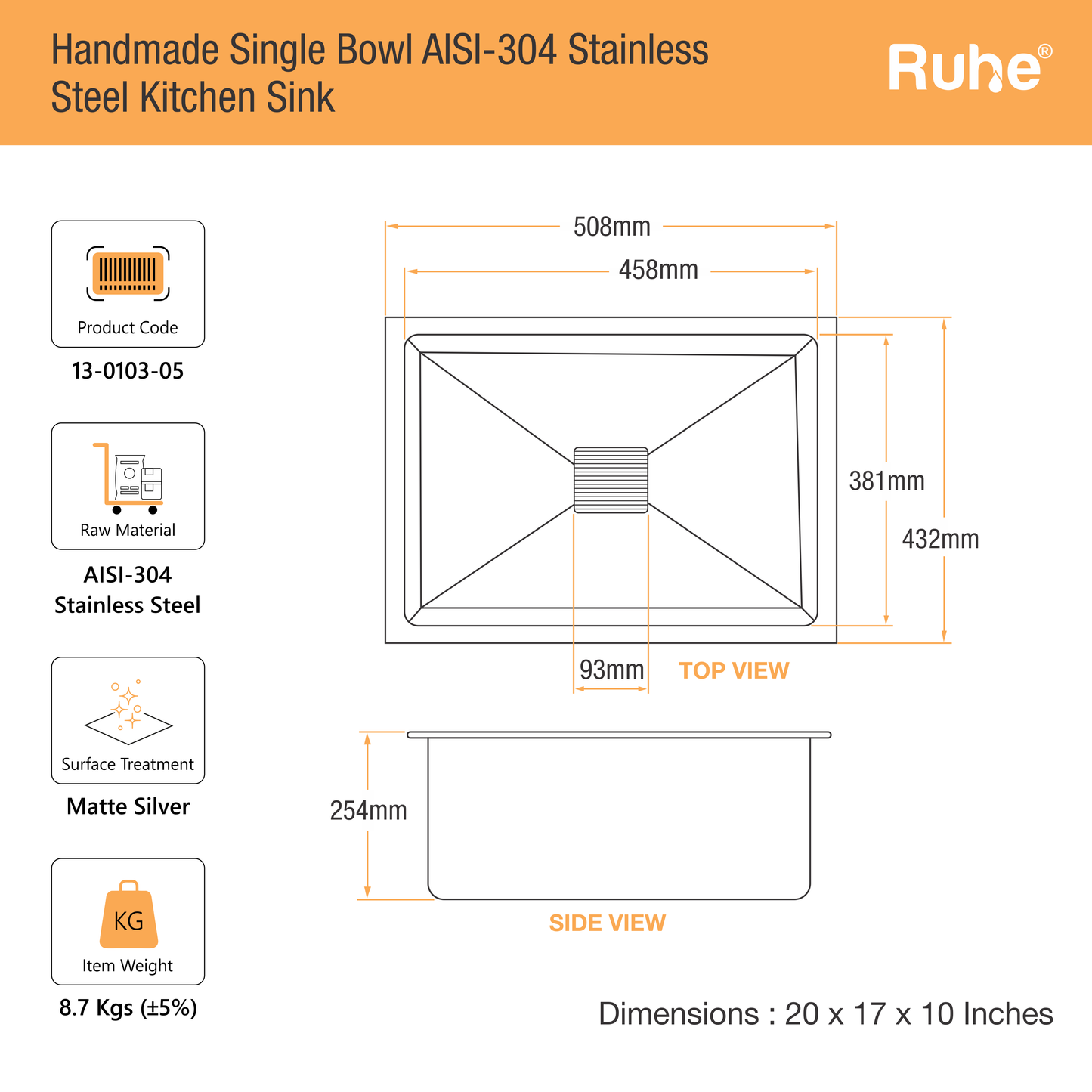 Handmade Single Bowl Kitchen Sink (20 x 17 x 10 Inches)(Dimensions)