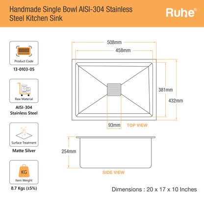 Handmade Single Bowl Kitchen Sink (20 x 17 x 10 Inches)(Dimensions)