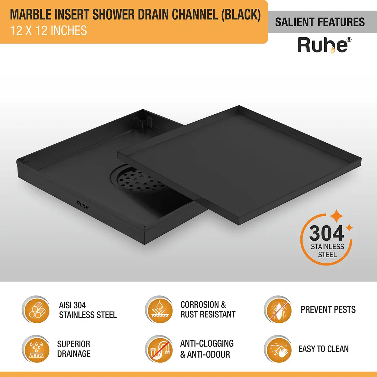 Marble-Insert Shower Drain Channel (12 x 12 Inches)