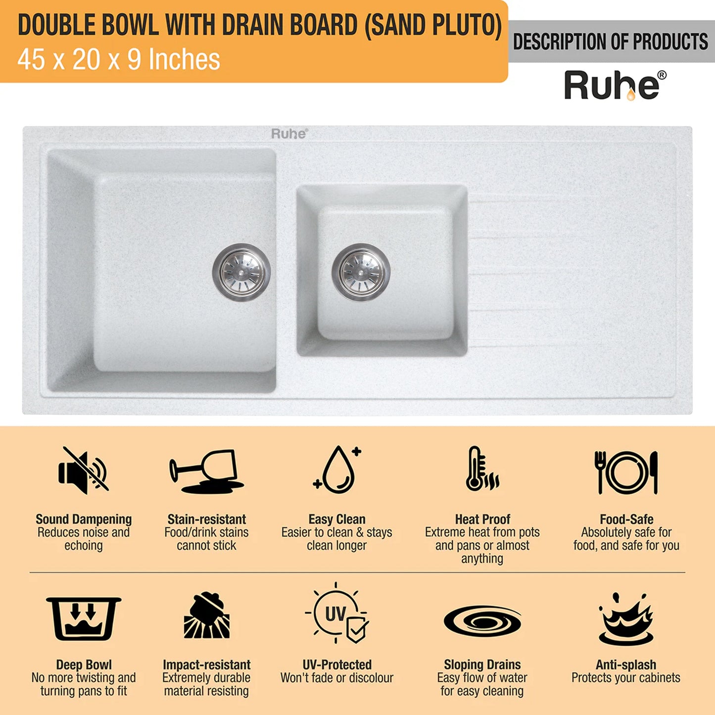Quartz Double Bowl with Drainboard Kitchen Sink (45 x 20 x 9 inches)