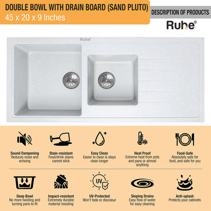Quartz Double Bowl with Drainboard Kitchen Sink (45 x 20 x 9 inches)